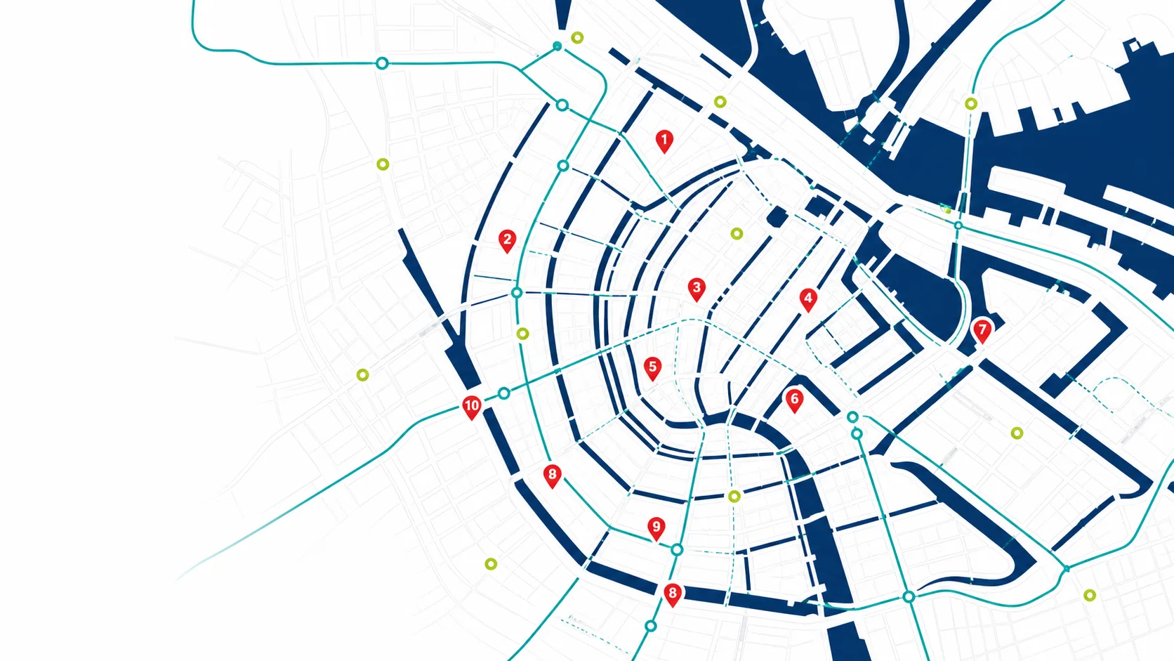 Gestileerde kaart van de Amsterdamse grachtengordel met genummerde routepunten